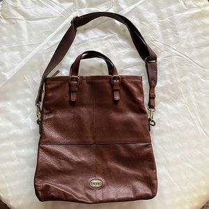 Fossil Leather Explorer Crossbody Double Zipper Foldover Bag Purse Brown